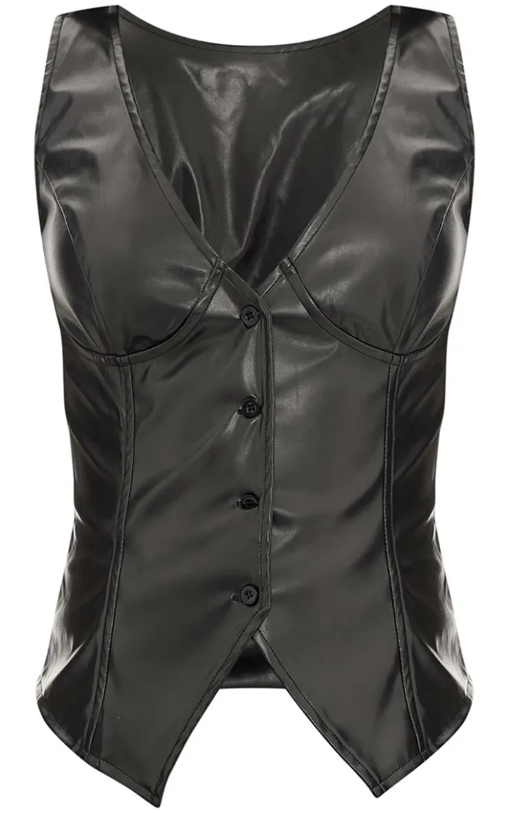 Discount PrettyLittleThing Faux Leather Plunge Vest Black