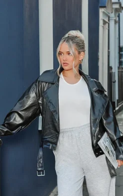 PrettyLittleThing Faux Leather Jackets*Faux Leather Relaxed Fit Belted Biker Jacket