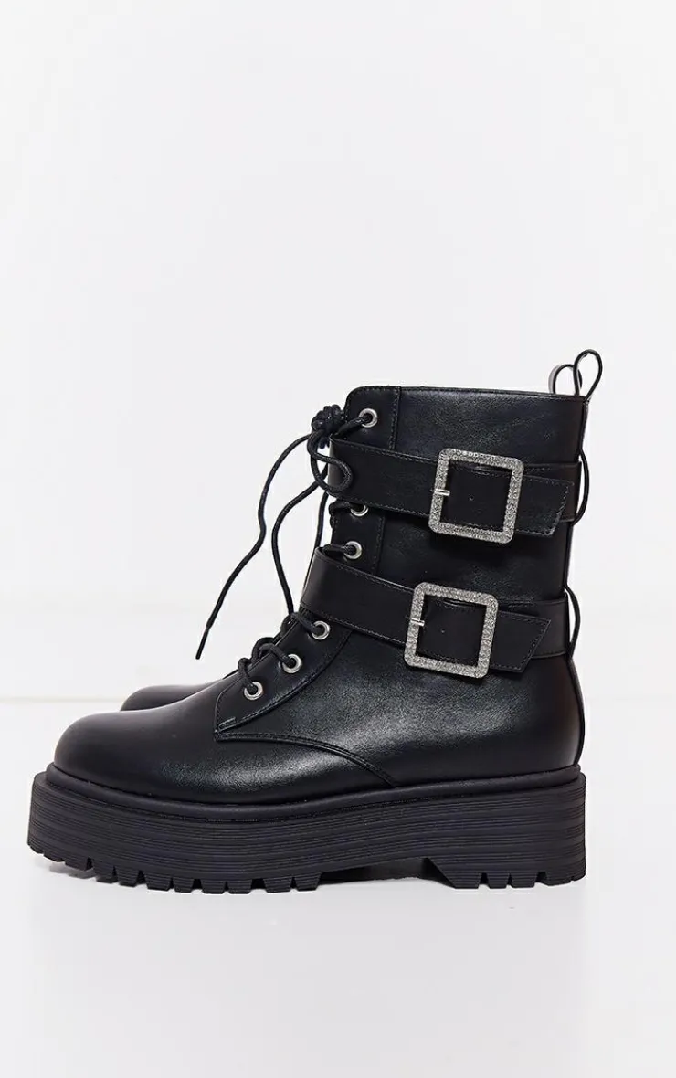 PrettyLittleThing Black Boots*Faux Leather Round Diamante Buckle Chunky Lace Up Ankle Boots