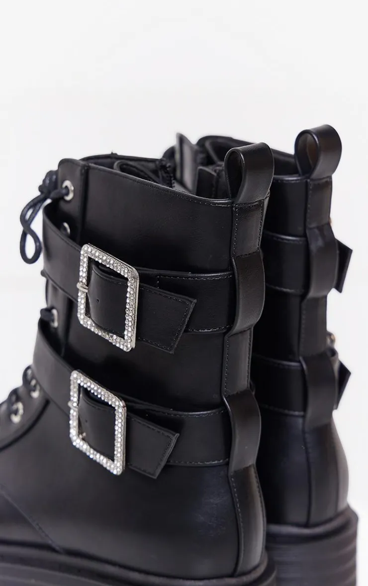 PrettyLittleThing Black Boots*Faux Leather Round Diamante Buckle Chunky Lace Up Ankle Boots