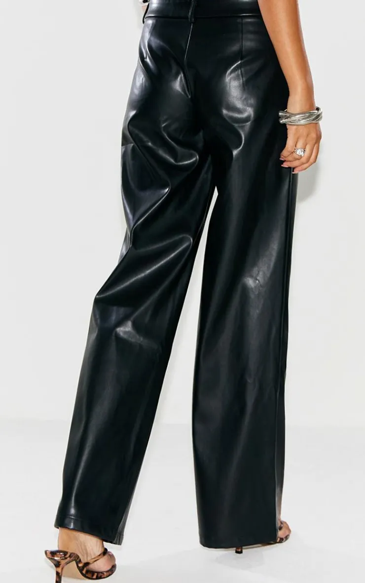 Discount PrettyLittleThing Faux Leather Wide Leg Low Rise Pant Black