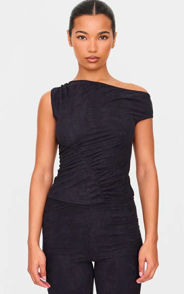 Hot PrettyLittleThing Faux Suede Asymmetric Ruched Top Black