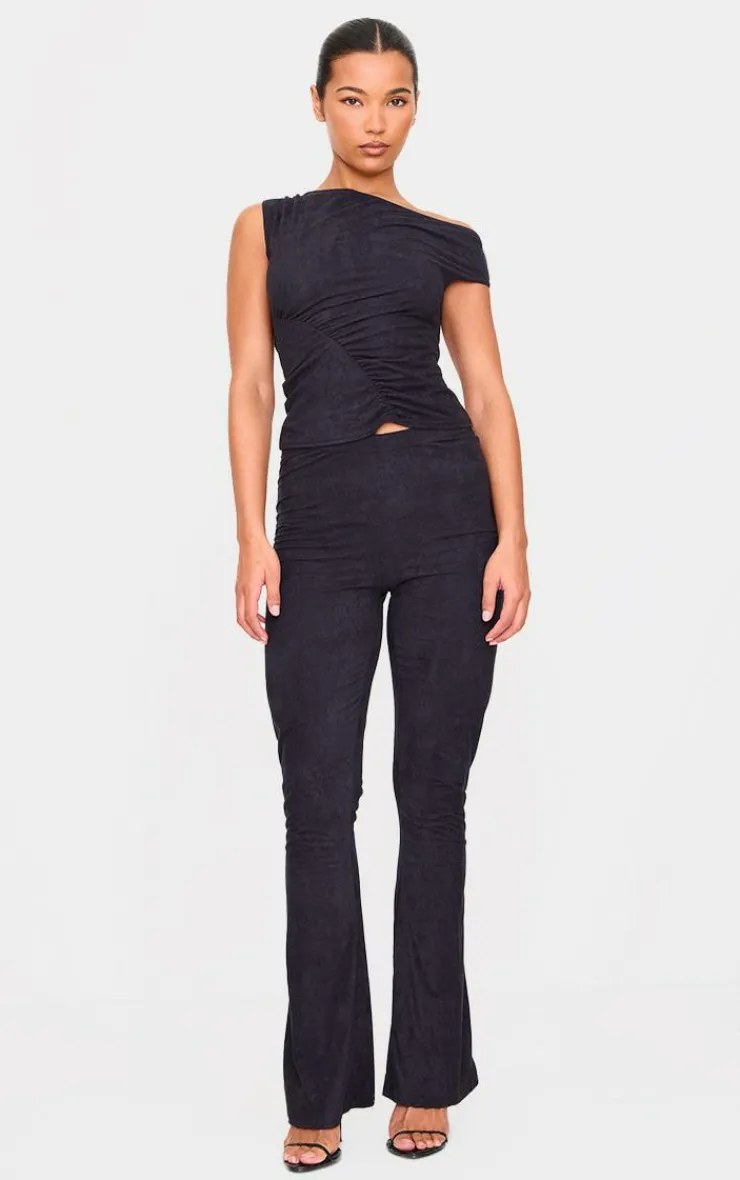 Hot PrettyLittleThing Faux Suede Asymmetric Ruched Top Black