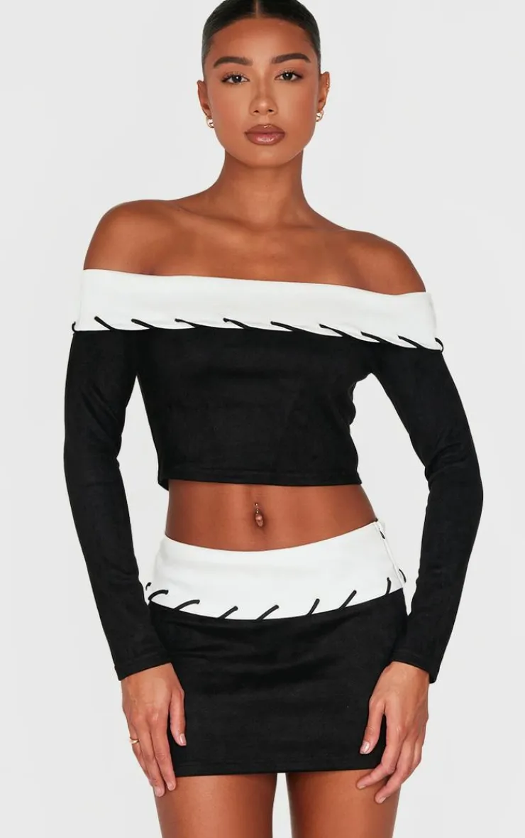 Discount PrettyLittleThing Faux Suede Contrast Foldover Stitch Detail Bardot Top Black