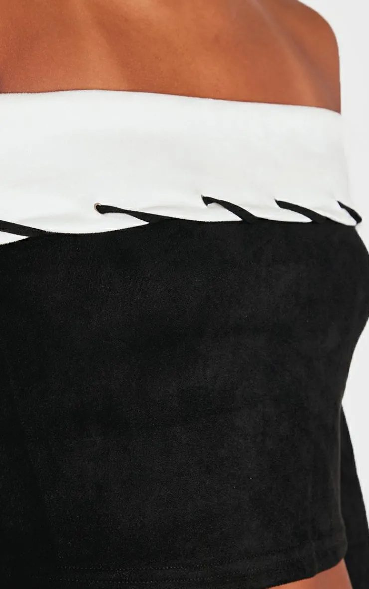 Discount PrettyLittleThing Faux Suede Contrast Foldover Stitch Detail Bardot Top Black