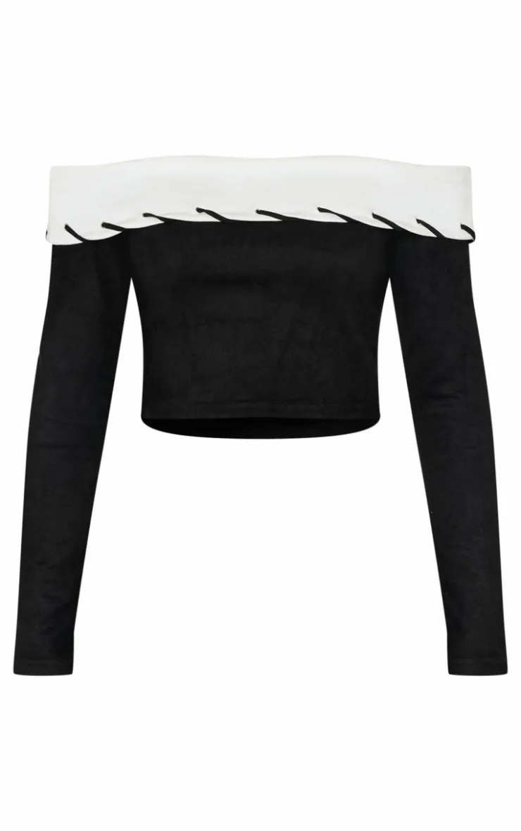 Discount PrettyLittleThing Faux Suede Contrast Foldover Stitch Detail Bardot Top Black