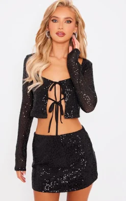 Outlet PrettyLittleThing Flat Sequin Tie Front Long Sleeve Cardigan Top Black