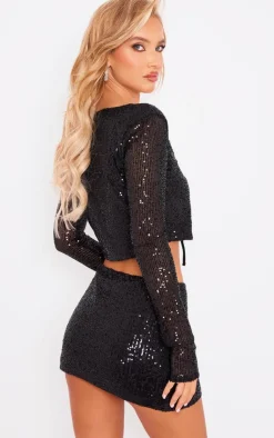 Outlet PrettyLittleThing Flat Sequin Tie Front Long Sleeve Cardigan Top Black