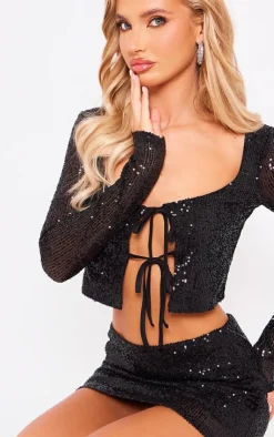 Outlet PrettyLittleThing Flat Sequin Tie Front Long Sleeve Cardigan Top Black