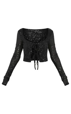 Outlet PrettyLittleThing Flat Sequin Tie Front Long Sleeve Cardigan Top Black