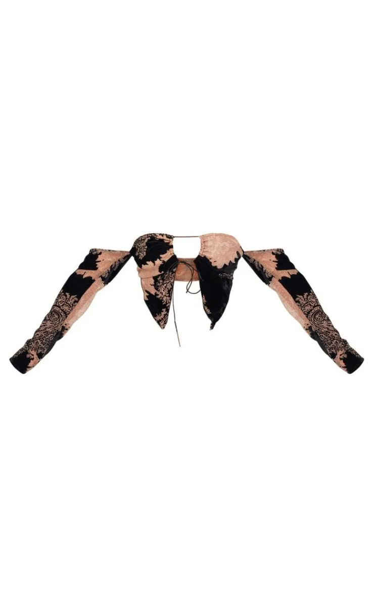 Outlet PrettyLittleThing Floral Devore Tie Front Hanky Hem Long Sleeve Top Black