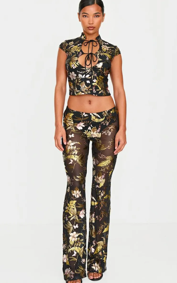 Sale PrettyLittleThing Floral Foil Printed Mesh Flare Pants Black