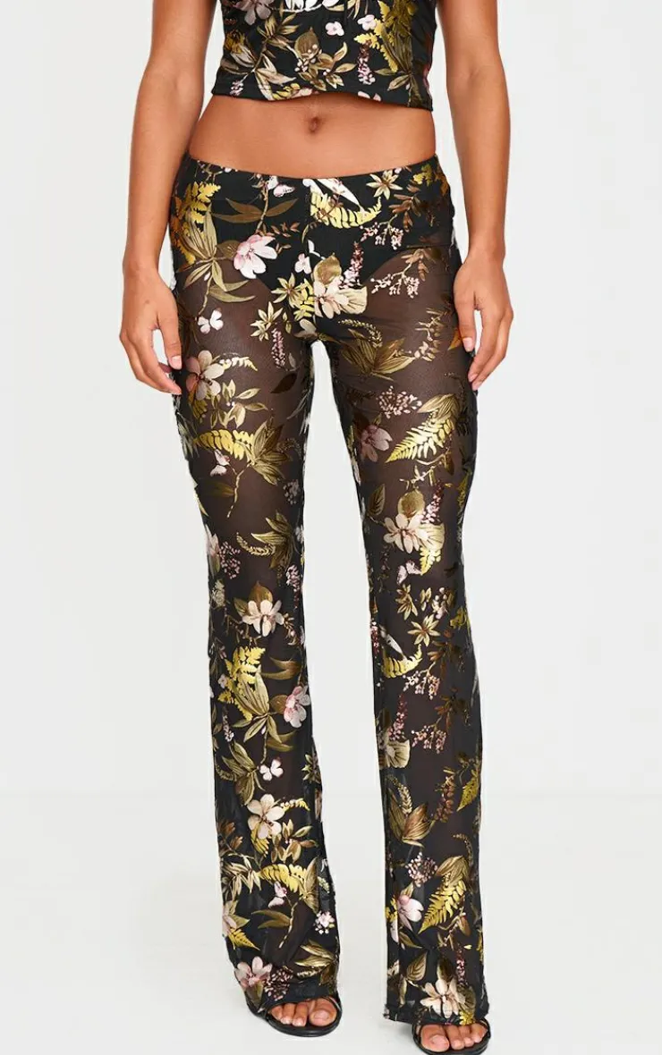 Sale PrettyLittleThing Floral Foil Printed Mesh Flare Pants Black
