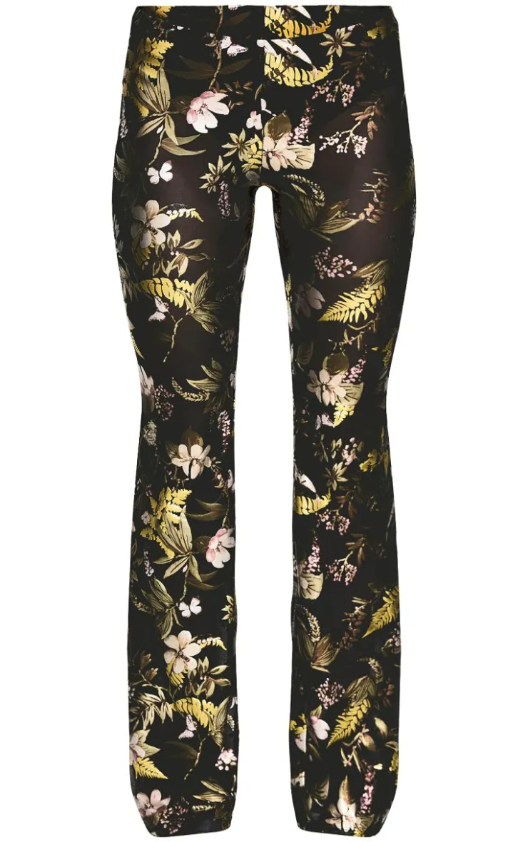 Sale PrettyLittleThing Floral Foil Printed Mesh Flare Pants Black