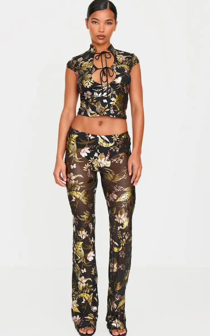 New PrettyLittleThing Floral Foil Printed Mesh Band Collar Crop Top Black