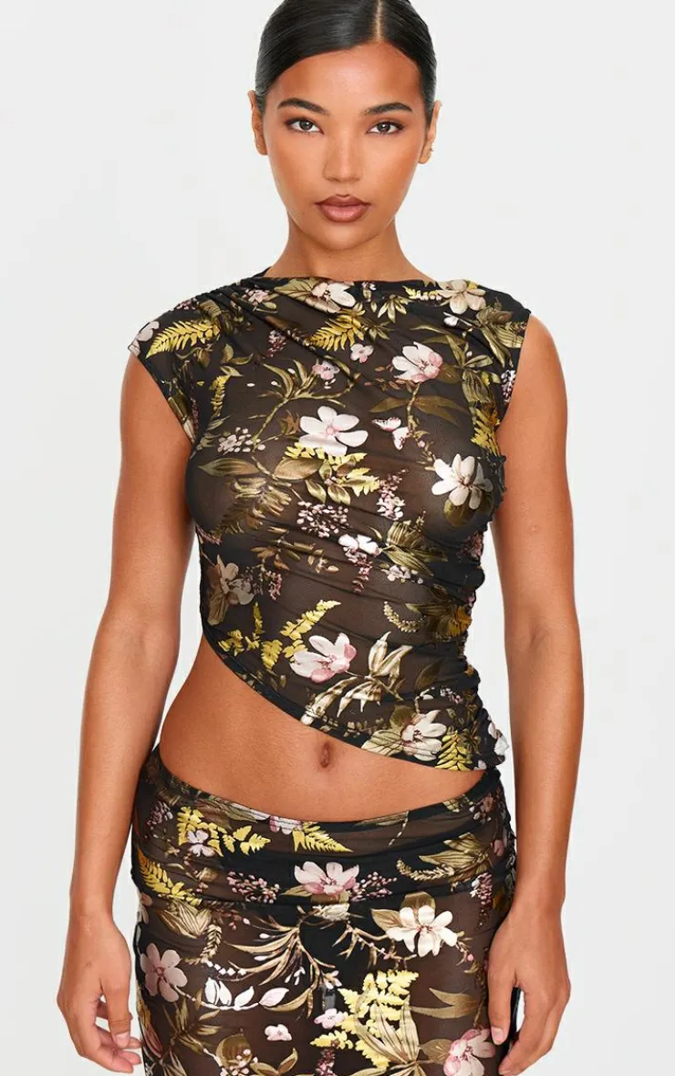 Online PrettyLittleThing Floral Foil Printed Mesh Ruched Crop Top Black