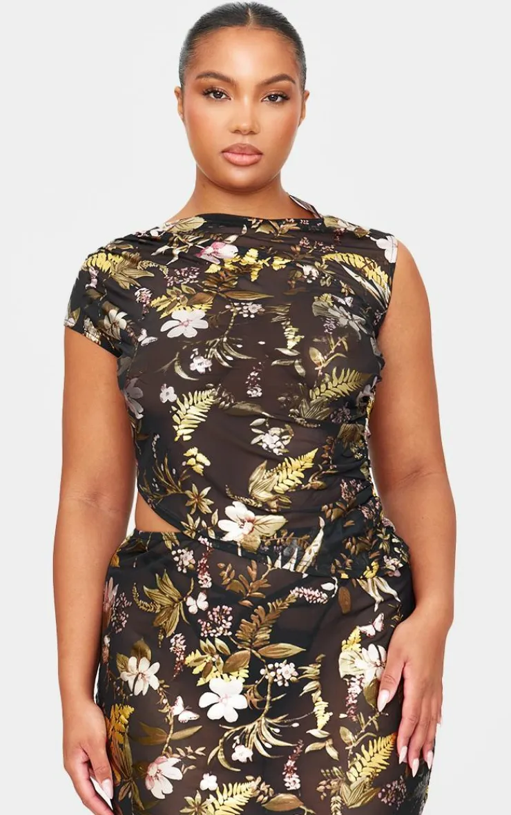 Online PrettyLittleThing Floral Foil Printed Mesh Ruched Crop Top Black