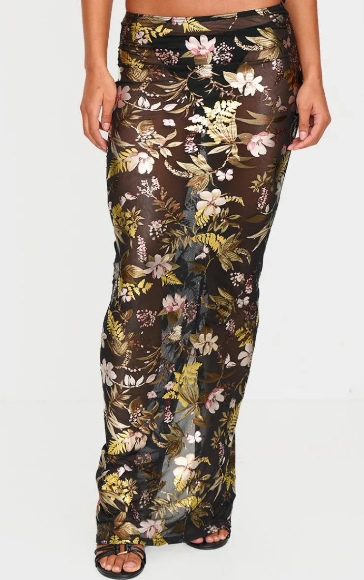 PrettyLittleThing Floral Foil Printed Mesh Maxi Skirt Black