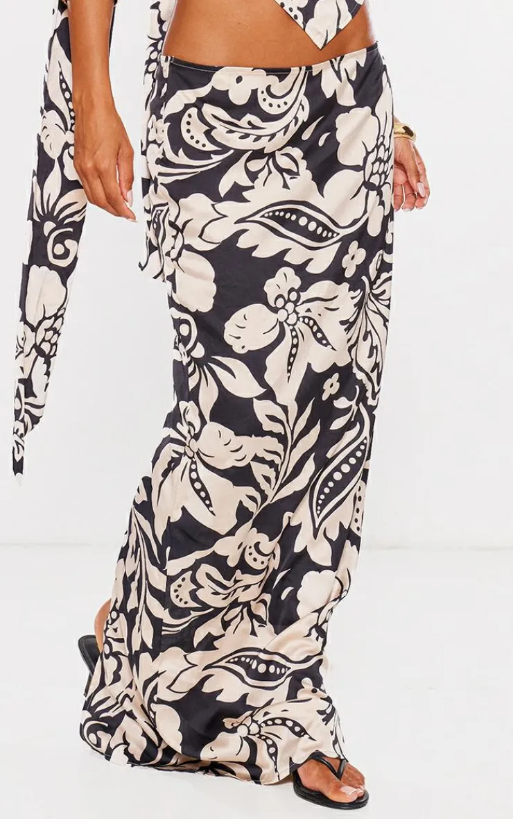 PrettyLittleThing Floral Satin Maxi Skirt Black