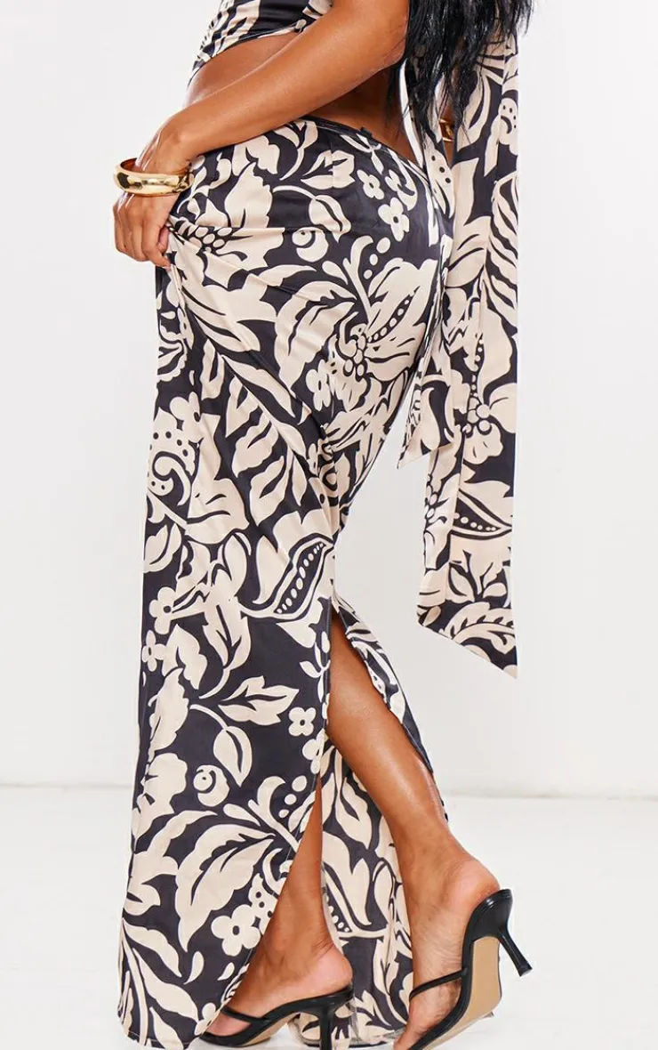 PrettyLittleThing Floral Satin Maxi Skirt Black