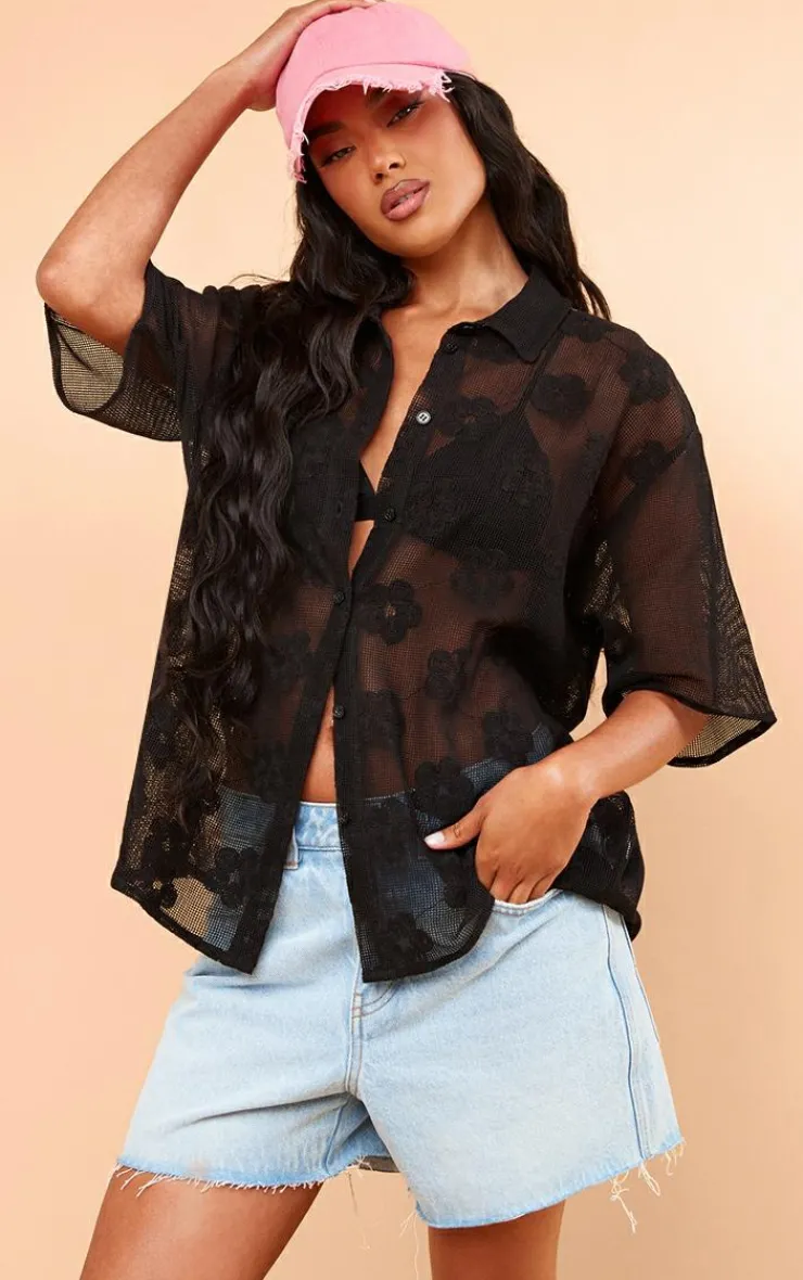 PrettyLittleThing Shirts*Flower Embroidered Oversized Fit Shirt