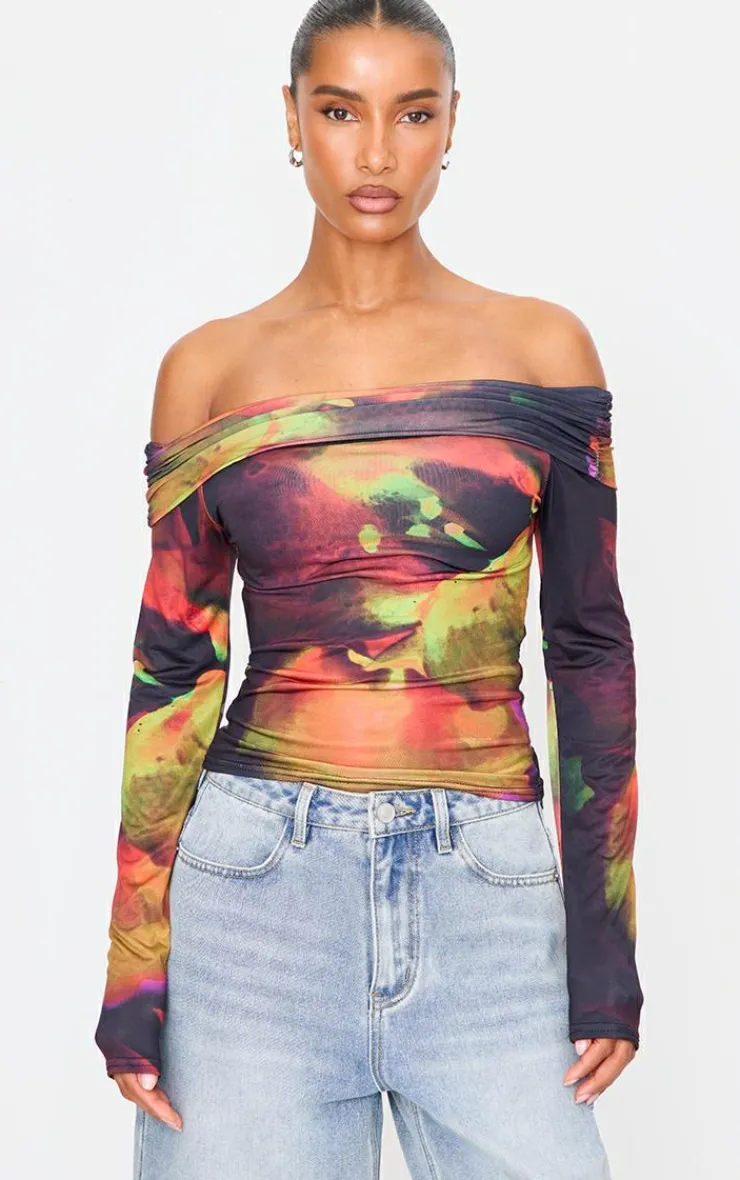 PrettyLittleThing Shirts*Flower Print Slinky Bardot Long Sleeve Long Top