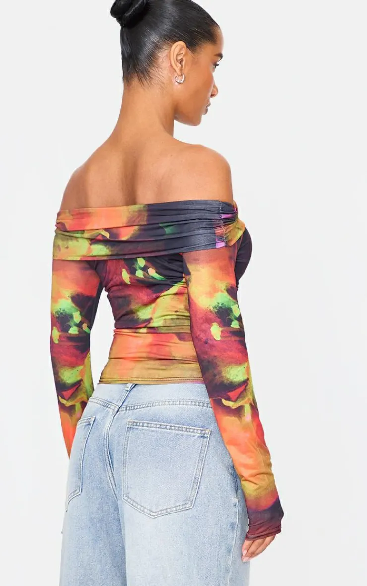 PrettyLittleThing Shirts*Flower Print Slinky Bardot Long Sleeve Long Top