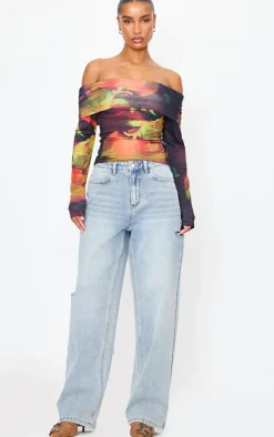 PrettyLittleThing Shirts*Flower Print Slinky Bardot Long Sleeve Long Top