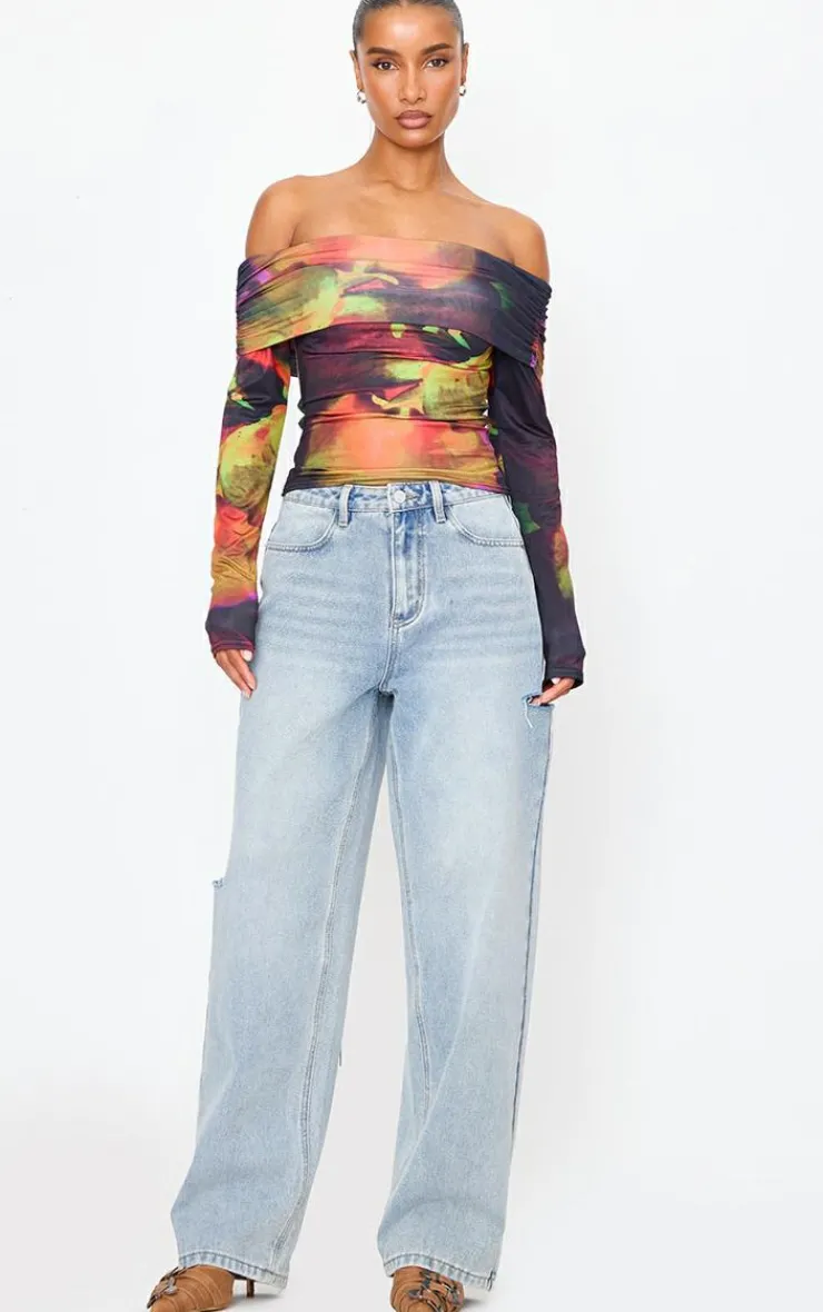 PrettyLittleThing Shirts*Flower Print Slinky Bardot Long Sleeve Long Top