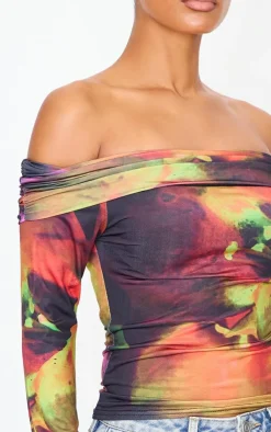 PrettyLittleThing Shirts*Flower Print Slinky Bardot Long Sleeve Long Top