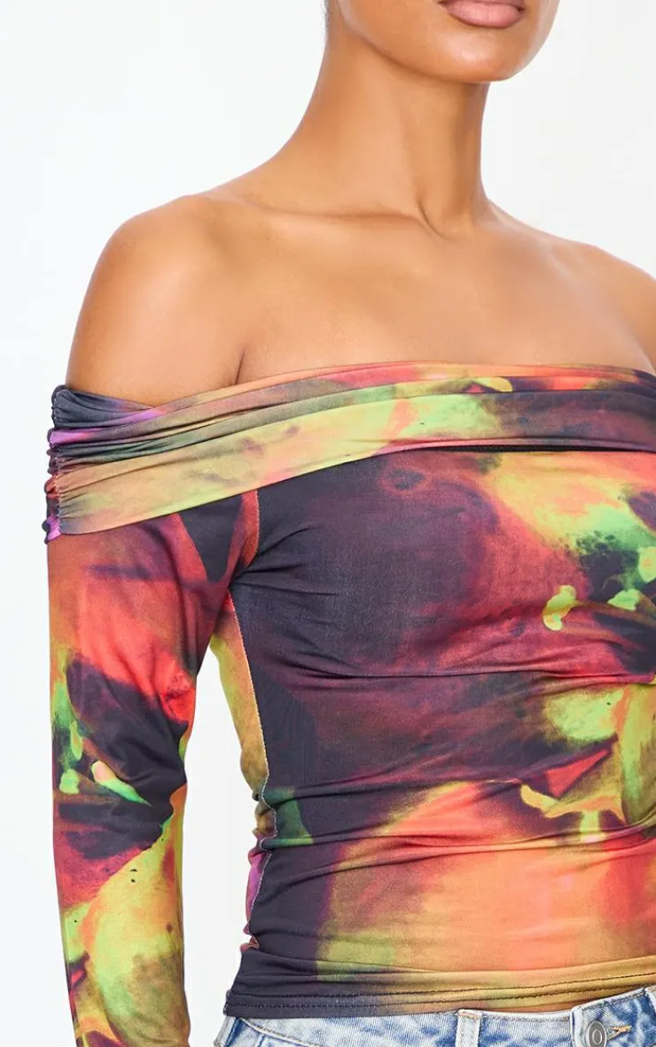 PrettyLittleThing Shirts*Flower Print Slinky Bardot Long Sleeve Long Top