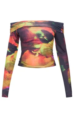 PrettyLittleThing Shirts*Flower Print Slinky Bardot Long Sleeve Long Top