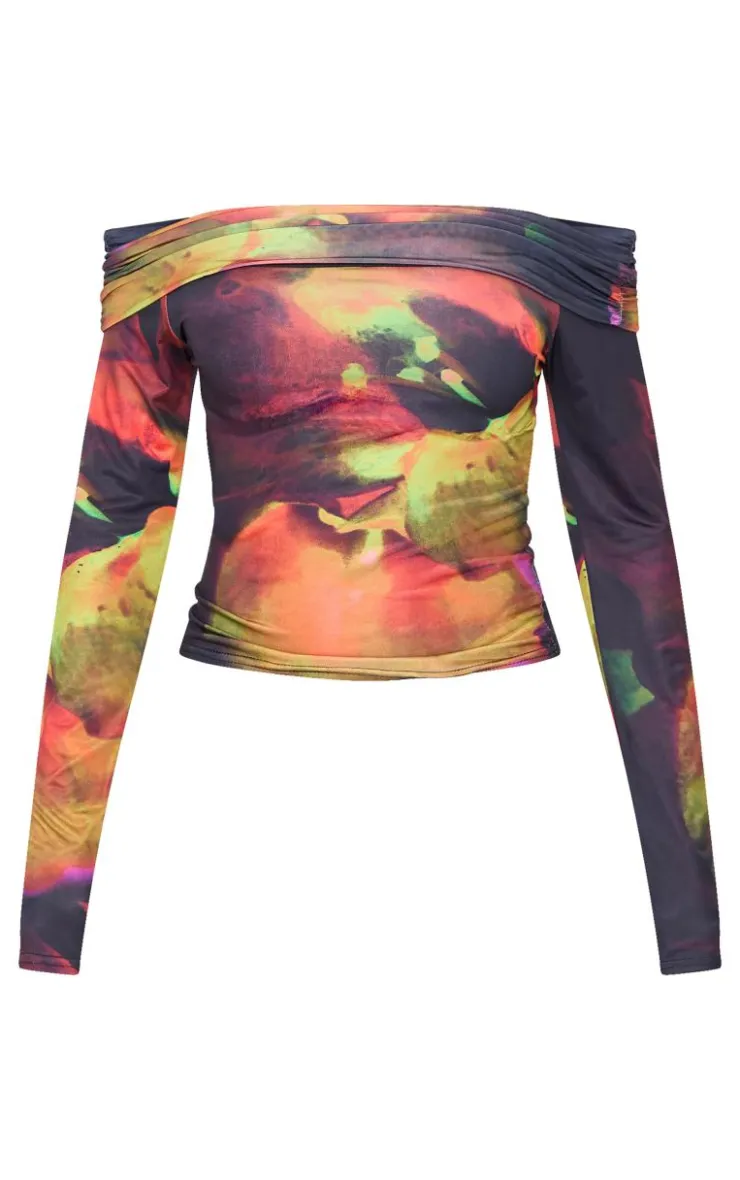 PrettyLittleThing Shirts*Flower Print Slinky Bardot Long Sleeve Long Top
