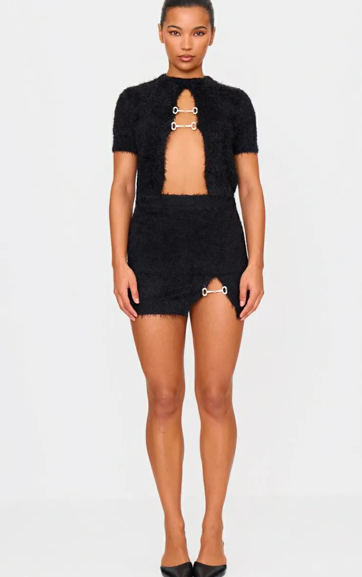 Hot PrettyLittleThing Fluffy Knit Embellised Mini Skirt Black