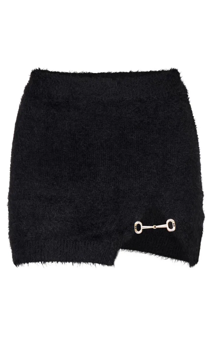 Hot PrettyLittleThing Fluffy Knit Embellised Mini Skirt Black