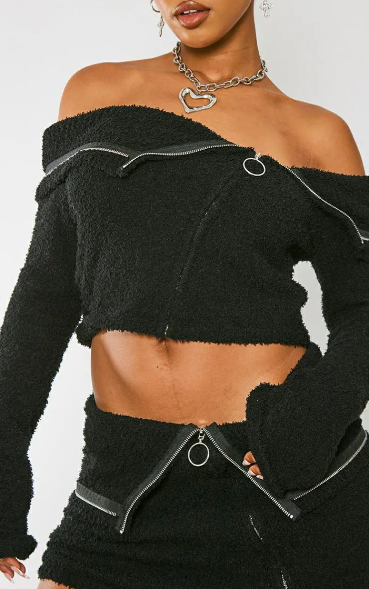 PrettyLittleThing Fluffy Knit Fold Over Zipped Mini Skirt Black