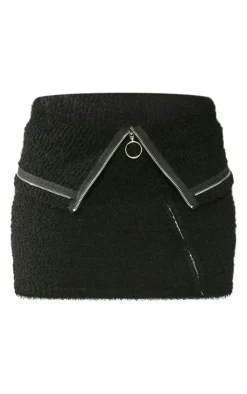 PrettyLittleThing Fluffy Knit Fold Over Zipped Mini Skirt Black