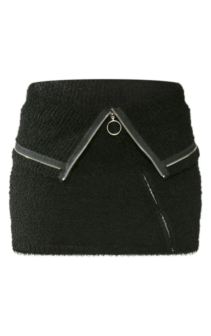 PrettyLittleThing Fluffy Knit Fold Over Zipped Mini Skirt Black