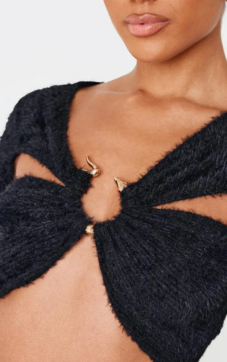 New PrettyLittleThing Fluffy Textured Trim Detail Crop Top Black