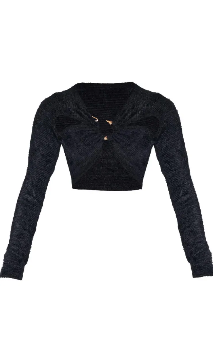 New PrettyLittleThing Fluffy Textured Trim Detail Crop Top Black