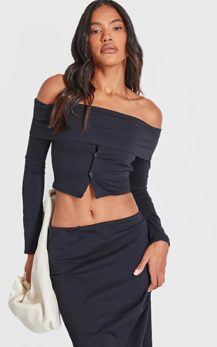 PrettyLittleThing Foldover Button Detail Off The Shoulder Top Black