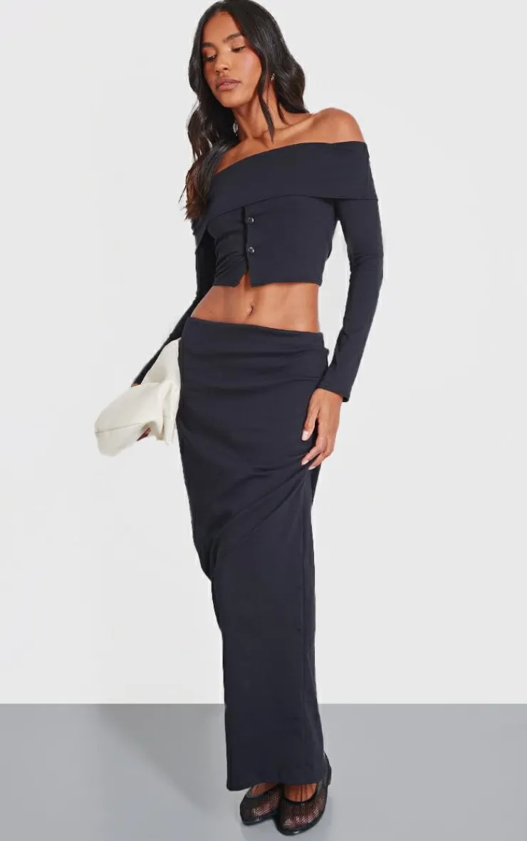 PrettyLittleThing Foldover Button Detail Off The Shoulder Top Black