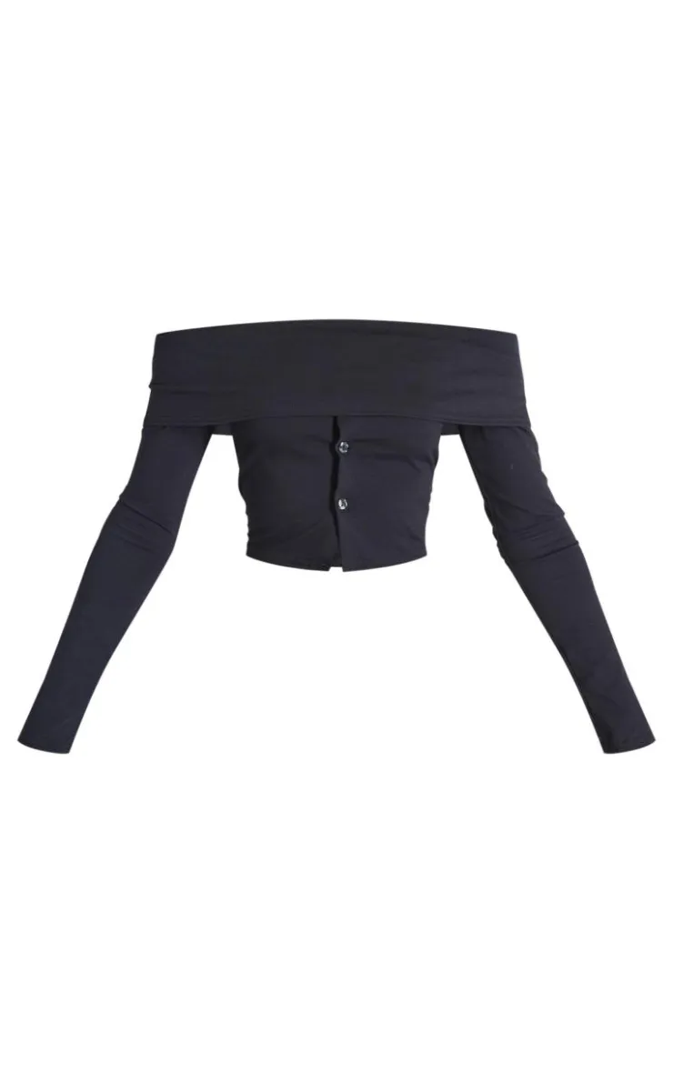 PrettyLittleThing Foldover Button Detail Off The Shoulder Top Black