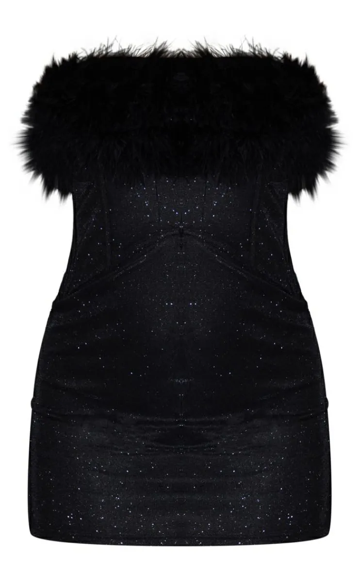 Glitter Corset Feather Bandeau Bodycon Dress-PrettyLittleThing Online
