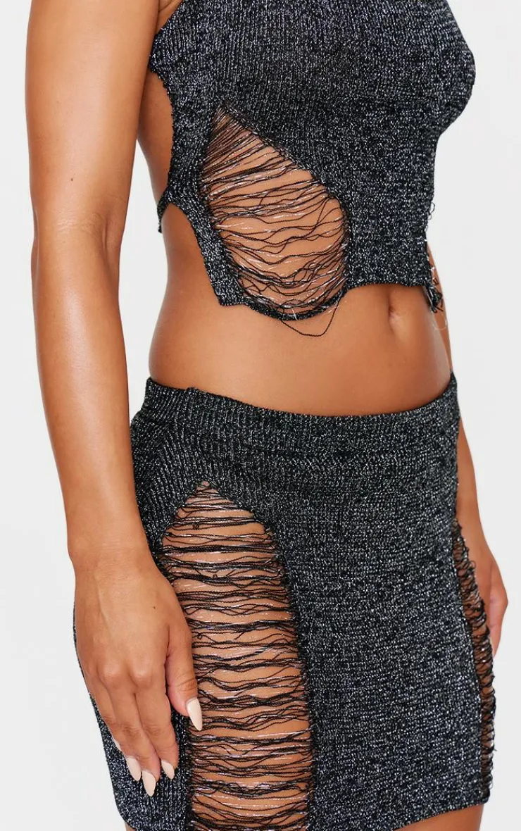 Clearance PrettyLittleThing Glitter Knit Distressed Ladder Mini Skirt Black