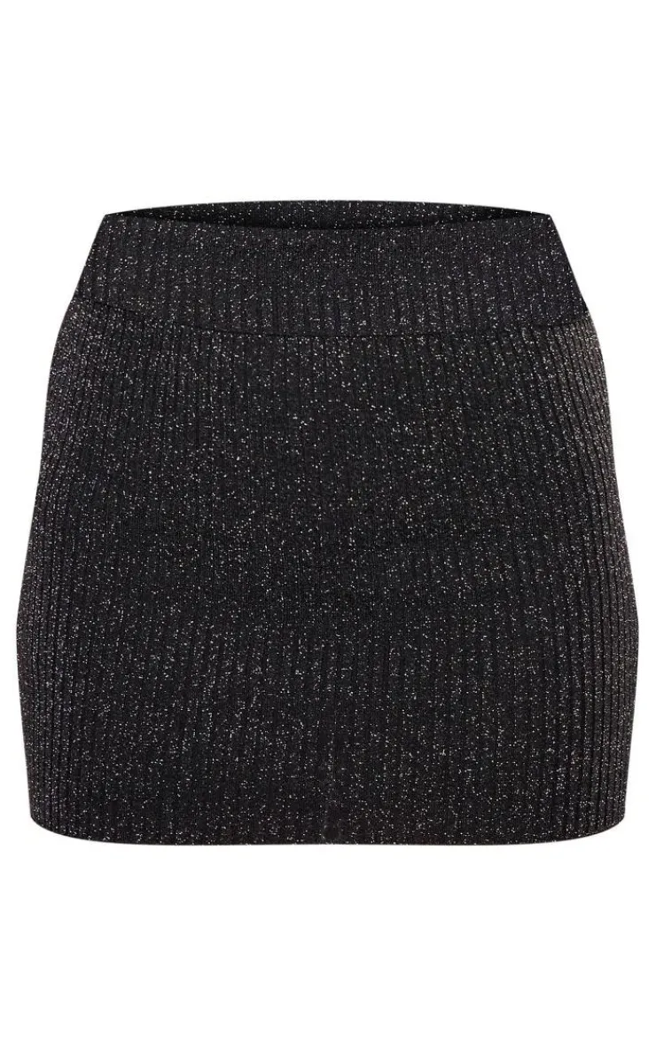 Hot PrettyLittleThing Glitter Knitted Mini Skirt Black