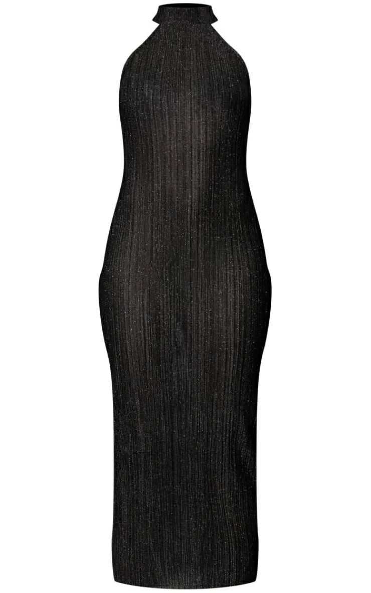 Glitter Plisse High Neck Racer Bodycon Midi Dress-PrettyLittleThing Best
