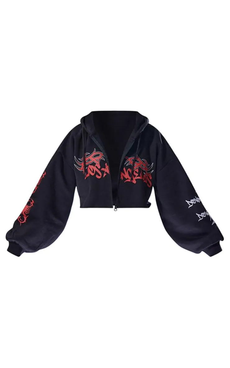 Discount PrettyLittleThing Graphic Oversized Los Angeles Cropped Zip Hoodie Black