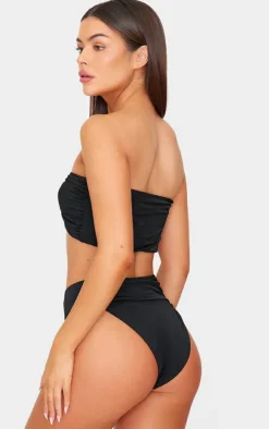 Black Hammered Trim High Waist Bikini Bottoms