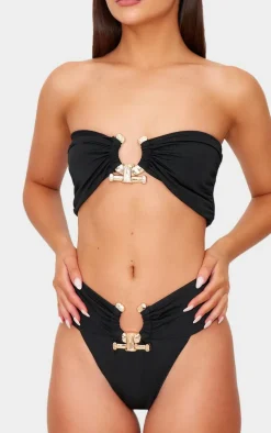 Black Hammered Trim High Waist Bikini Bottoms